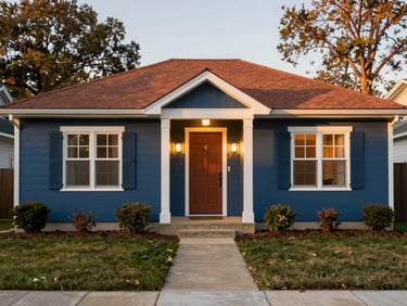 Cozy single-family craftsman bungalow exterior in Mercer County, warm sunset lighting, neat garden path, inviting front door, 35mm