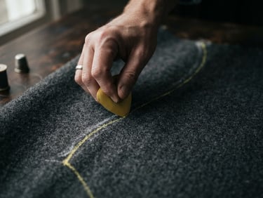 Macro close-up of a tailor's hand using yellow chalk to draw a precise curve on heavy charcoal wool, soft side-lighting from a window, moody editorial style