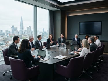 Wide panoramic corporate boardroom with cool natural light, professional interaction, deep purple and charcoal tones, sharp focus, 35mm
