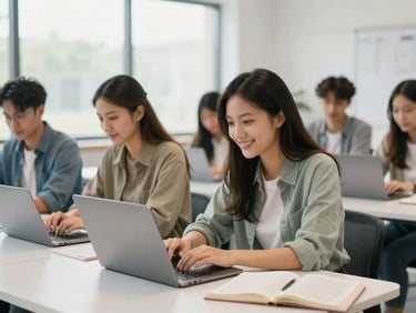 An international adult student focused on a laptop screen in a bright, daylight-filled collaborative workspace.