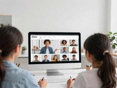An over-the-shoulder view of a clean digital learning interface with an international instructor guiding a student.