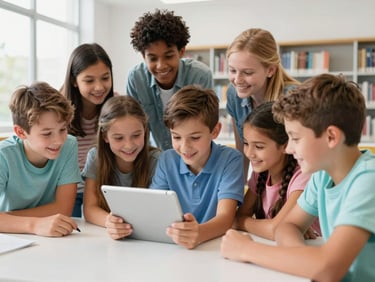 A diverse group of international children under 18 smiling and working together on a tablet in a bright, modern school library.