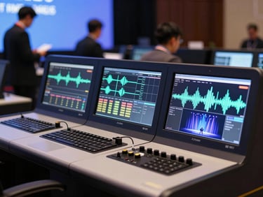 A close-up of a high-tech AV control booth at a corporate conference, glowing monitors showing sound waves and stage feeds, professional technicians in the background, sharp focus, editorial lighting