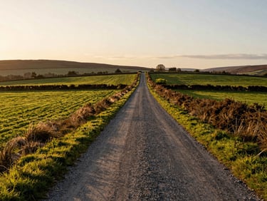 Wide panoramic environmental shot of Arran Elderslie farmland at golden hour, a gravel road cutting through fields, soft warm daylight, 35mm