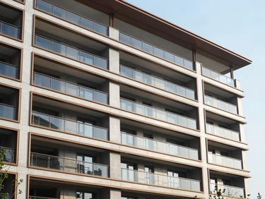 Modern residential estate with clean architectural lines, bright natural daylight, sharp focus, technical aesthetic, 35mm