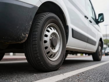 Low-angle motion shot of a delivery van tire on urban road, sharp tire sidewall in foreground, city street in motion blur background, daylight, industrial framing, no people