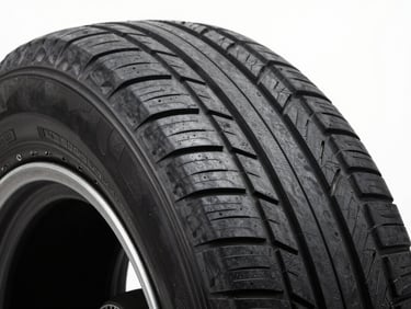 Overhead macro shot of a passenger car tire showing sealant application on inner tread surface, studio lighting, black rubber texture in sharp focus, technical detail, no people