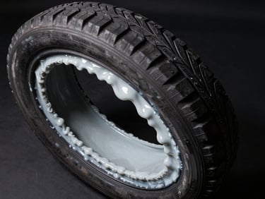Overhead technical studio shot of tire interior showing liquid sealant compound distributed evenly along the inner rubber wall, thick viscous white-grey fluid coating every surface, harsh directional strobe lighting casting sharp shadows, matte black background