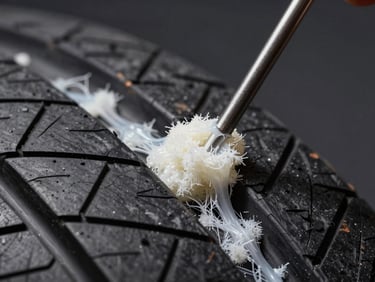 Extreme macro close-up of a nail puncturing a tire tread, sealant compound visibly flowing and sealing around the metal shaft, dense fibrous white compound filling the gap, studio strobe lighting, sharp technical focus, dark matte background