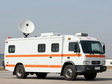 Wide shot of a fully equipped mobile command vehicle with satellite dishes deployed in a clear, high-contrast daylight setting, cool muted tones with orange accents, sharp focus, 35mm lens