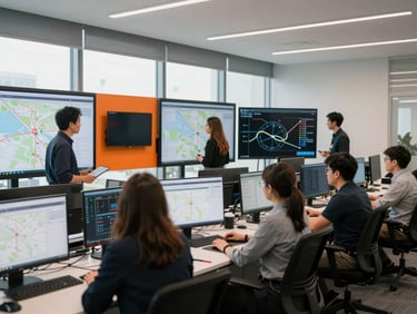 Interior shot of a structured, modern office environment at Annapolis headquarters, showing team members collaborating around large screens with maps and data, high-contrast daylight, cool muted tones, sharp focus, 35mm lens