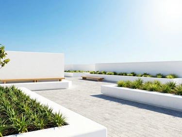 Bright, sun-drenched public plaza with modern benches, clean landscaping, and contemporary brick pathways, high-key daylight