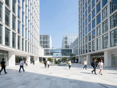 Wide-angle daylight photo of a modern urban mixed-use development with clean glass facades and people walking in the courtyard, high-key