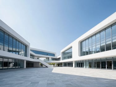 Bright environmental architectural photo of a modern mixed-use plaza in crisp morning daylight, high-key, clean white concrete and glass structures, wide-angle lens
