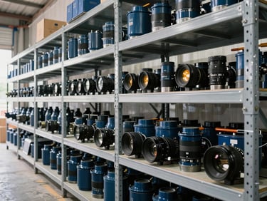 Inside a well-organized industrial warehouse in Pekanbaru, neat shelves of heavy machinery spare parts, bright natural daylight, 35mm lens
