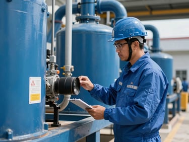 Certified Indonesian engineer in clean blue PPE and safety helmet inspecting industrial equipment on-site, focused expression, daylight, 35mm lens