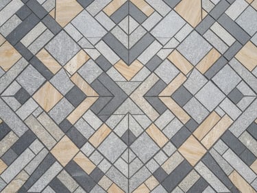 Top-down view of crisp modern paving stone patterns, clean geometric lines, bright natural daylight highlighting the stone texture