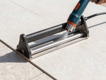 A close-up shot of a professional tile cutter slicing through a large format ceramic tile, a vacuum extraction nozzle attached to the blade, fine dust being instantly captured, bright natural daylight, crisp focus