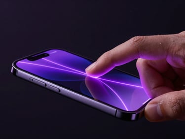 Macro high-fidelity shot of a hand interacting with a curved mobile screen, electric violet neon trails tracing the finger swipe, dark studio lighting