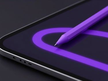 Close-up of a vector design tool on an Android tablet, smooth pen-tool paths in electric violet, studio lighting