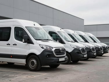 Wide environmental shot of a uniformly wrapped commercial fleet van parked in a clean minimal urban loading zone, overcast daylight rendering the wrap color flat and controlled, vehicle occupying the left two-thirds of the frame, neutral grey building facade in background