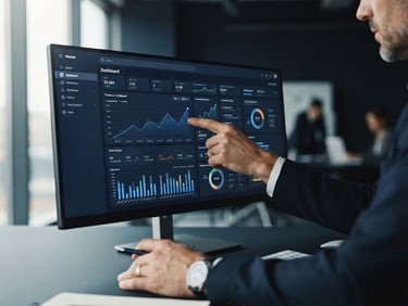 Modern office environment with soft natural light, a professional's hands pointing to a clean financial dashboard on a screen, shallow depth of field, deep navy and slate tones.