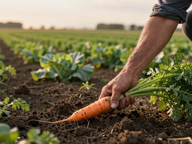 Wide environmental shot of a vegetable field at golden hour, a farmer's hand pulling a carrot from dark soil in the foreground, rows of crops receding into soft light behind, no faces visible