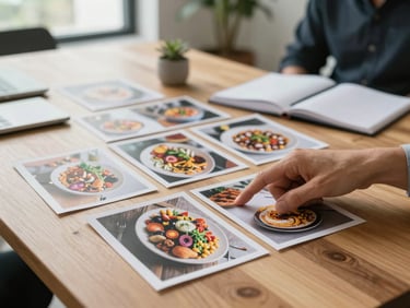 Wide shot of an agency content planning session at a raw wood table, printed food photographs spread across the surface, a hand pointing at one image, notebooks and a small plant in soft background — north-facing window light, candid and unposed, no faces prominently visible