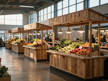 Wide environmental shot of a modern food market hall at dawn before opening, wooden stalls with produce arranged simply, single pendant lights above each counter, natural light just entering through high windows — spare, composed, no customers