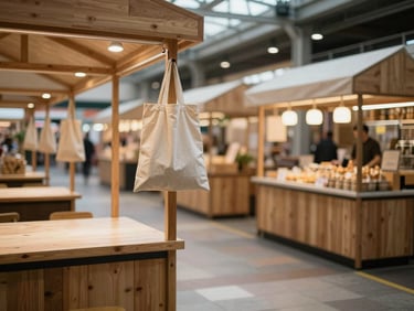 Wide interior of a modern food market at opening time, empty wooden vendor stalls in warm ambient light, a single cloth bag hanging from a hook in the foreground, north-facing daylight, no people