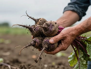 Close-up of a farmer's hands holding freshly pulled beets with soil still clinging to the roots, soft overcast daylight in an open field, shallow depth of field on the texture of the earth — tactile, unfiltered, no staging