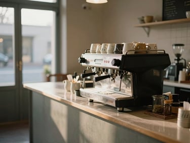 Empty craft restaurant interior at service time, a single counter lit by the last of afternoon window light, mismatched ceramic cups stacked beside an espresso machine, no staff or customers — quiet, unhurried, honest
