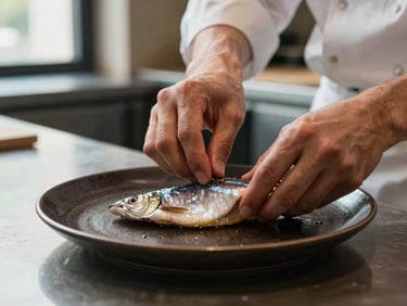 Close-up of a chef's hands placing a single piece of cured fish on a dark ceramic plate at a restaurant counter, natural window light from the left, shallow depth of field, no faces visible