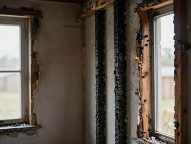 Close-up of a residential interior wall showing heavy fire damage, charred wood studs exposed, ash and soot on surfaces, natural daylight from a damaged window, documentary style, no people