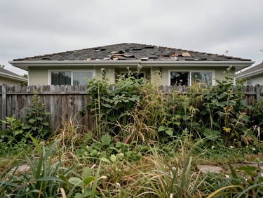 Wide exterior shot of a residential property with a severely overgrown yard, tall weeds overtaking the fence line, deteriorating roof visible, overcast daylight, honest documentary framing, no people