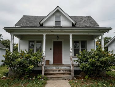 Exterior of an older inherited home with peeling paint, overgrown shrubs crowding the porch, worn wooden steps, overcast daylight, wide establishing shot, no people, unglamorous documentary style