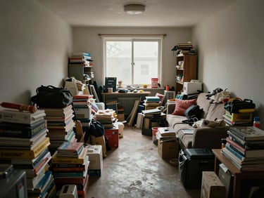 Wide shot of a severely cluttered residential living room, floor-to-ceiling stacks of belongings, narrow pathways, overcast window light, honest and unflinching documentary framing, no people