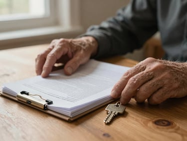 Close-up of an elderly person's hands resting on a wooden table beside a stack of property documents and house keys, warm window light, intimate and unhurried framing, no faces