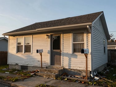 Exterior of a neglected rental property, broken front step, faded siding, mailbox overflowing, golden hour side lighting, wide shot, no people, documentary realist style