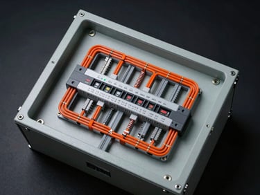 Tight overhead view of a BIM electrical panel model with conduit routing paths in orange and grey against a dark background, cool studio light, precision technical framing