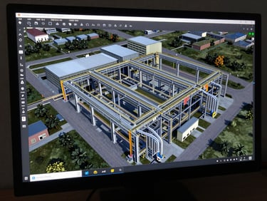 Overhead BIM model screenshot of an industrial facility showing coordinated pipe racks and electrical cable tray routes in a large-span structure, rendered in a dark BIM viewport with color-coded discipline layers, studio strobe lighting on the monitor surface
