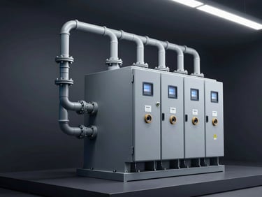 BIM model detail of a lightning protection system and substation switchgear in 3D view, technical grey and blue tones, rendered on a dark studio display, cool overhead lighting, precise geometric framing