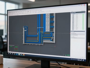 Wide monitor screen showing a Revit federated BIM model with electrical conduit runs color-coded in blue against grey structural and mechanical layers, a second open panel showing load schedule data, cool north-facing office daylight from the left, no people visible