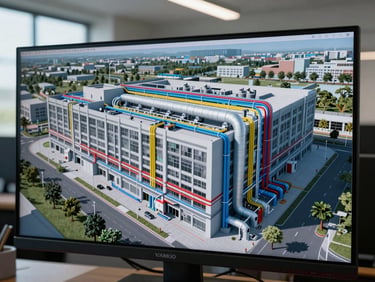 Full-screen BIM model view of a commercial building showing coordinated MEP systems — HVAC ducts, electrical trays and plumbing runs color-coded and clash-resolved, displayed on a wide monitor under cool north-facing office daylight, tight crop on the screen surface