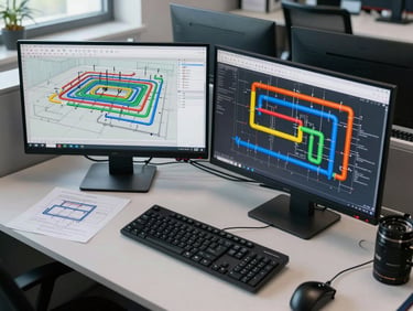 Overhead wide shot of a technical workstation showing two monitors with a federated BIM model, hydraulic pipe systems highlighted in distinct colors against structural elements, cool north-facing office daylight, tidy desk with engineering notes, no people visible