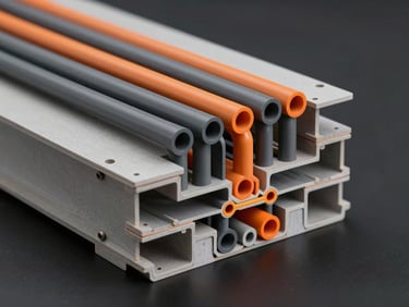Full-frame BIM model cross-section on a dark background showing electrical conduits, hydraulic pipes and structural beams in distinct color channels, highlighted clash markers in orange at intersection points, rendered in clean studio lighting with no ambient blur