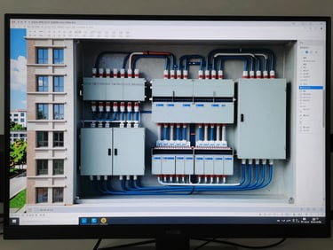 BIM model section cut showing a multi-unit residential building's grouped metering room — electrical panels, conduits and distribution boxes modeled in precise detail on a large monitor, cool daylight from left, tight framing on the screen
