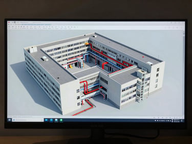 Wide BIM viewport screenshot showing a hospital building's MEP coordination model — fire suppression pipes, electrical conduits and HVAC ducts resolved across a complex multi-wing floor plan, displayed on a dual-monitor setup under studio strobe light, no workers visible