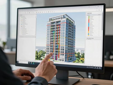Hands resting on a trackpad reviewing a BIM coordination view of a mixed-use commercial tower on a large external display, showing clash-resolved electrical and hydraulic routes color-coded across floor levels, cool office daylight, no face visible