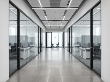 Symmetrical architectural shot of a modern minimalist office with clean-lined glass and aluminum partitions, sharp focus, bright white daylight, grey and charcoal tones